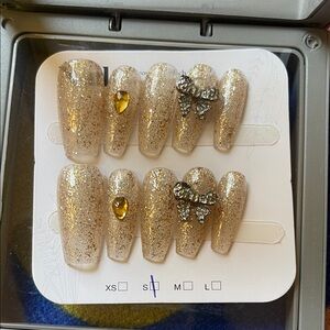Gold Glitter Press-On Nails with Rhinestones